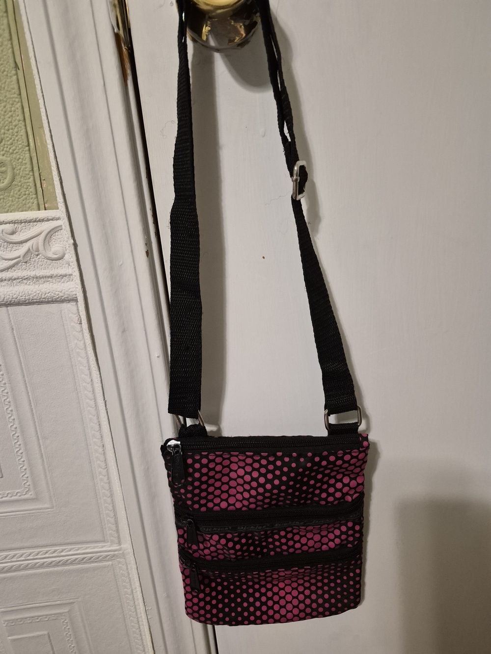 Pink Polka Dot Dickies  Crossbody Bag with Black Strap
